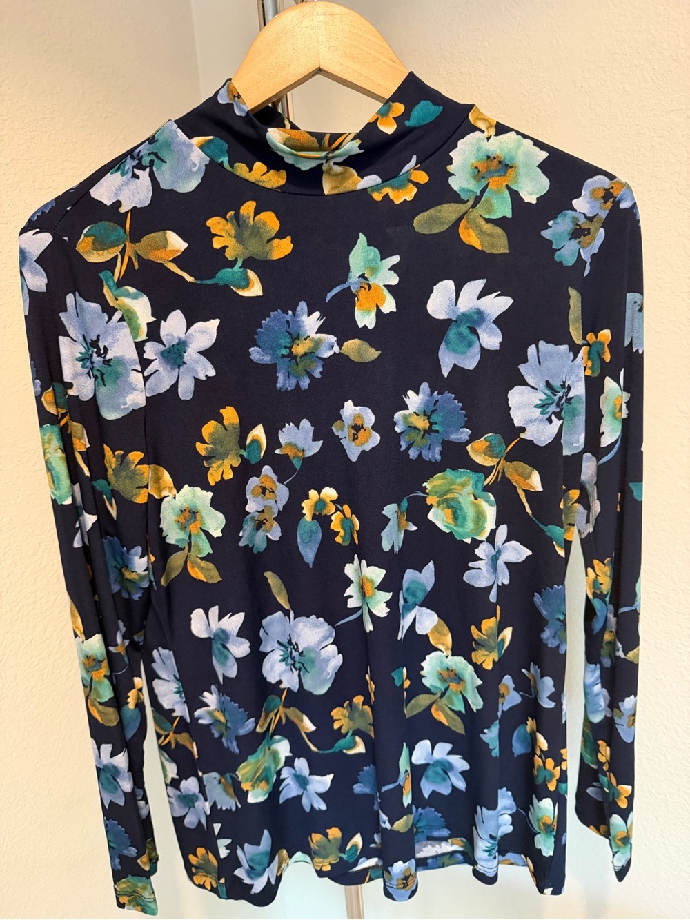 Susan Graver Navy Blue Floral Mock Neck Long Sleeve Top